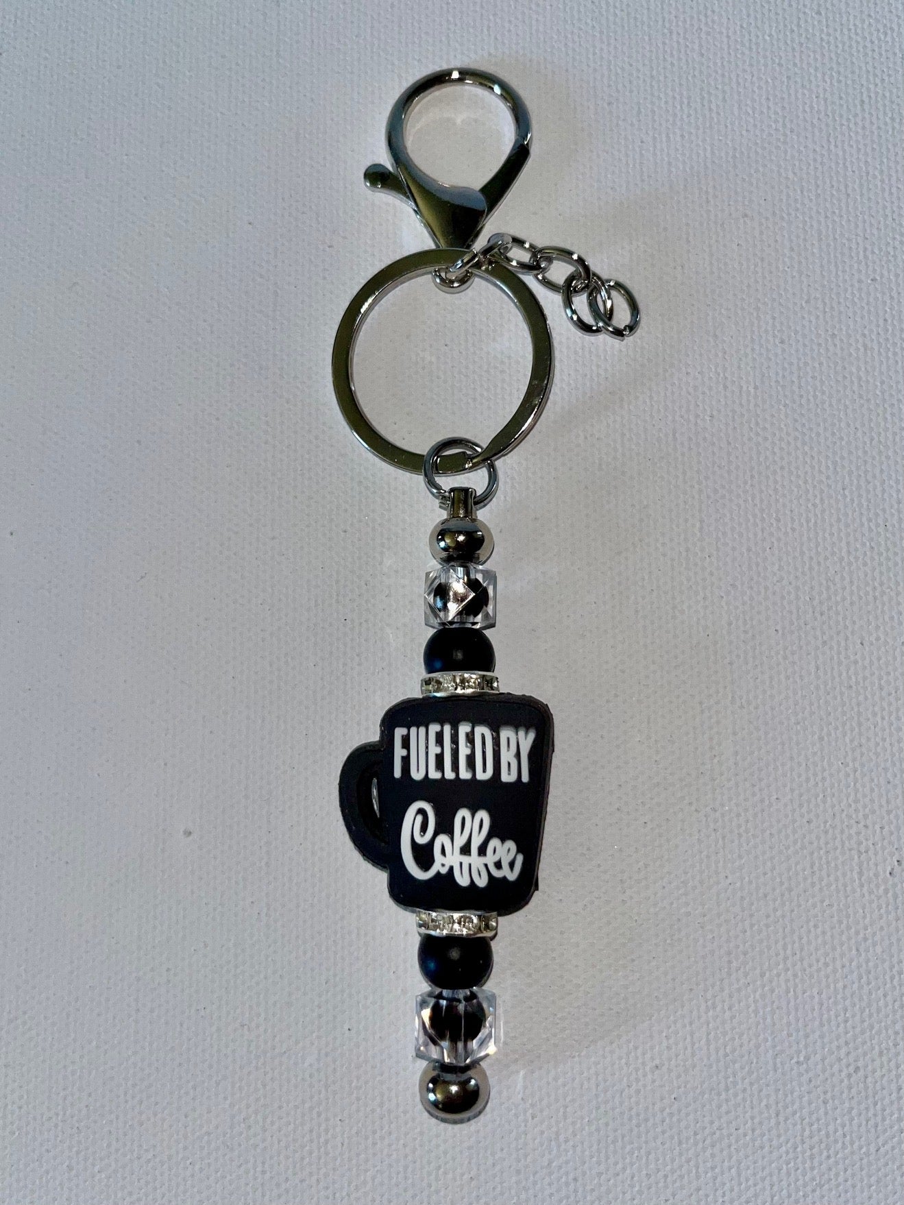 Black Beaded Keychain w/“Fueled by Coffee” Charm
