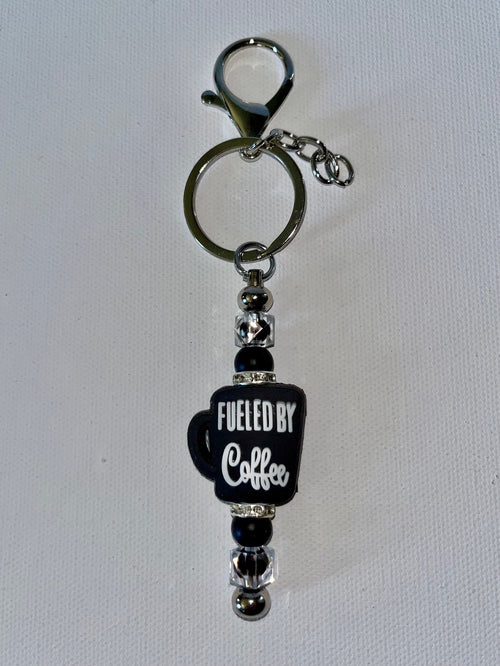 Black Beaded Keychain w/“Fueled by Coffee” Charm