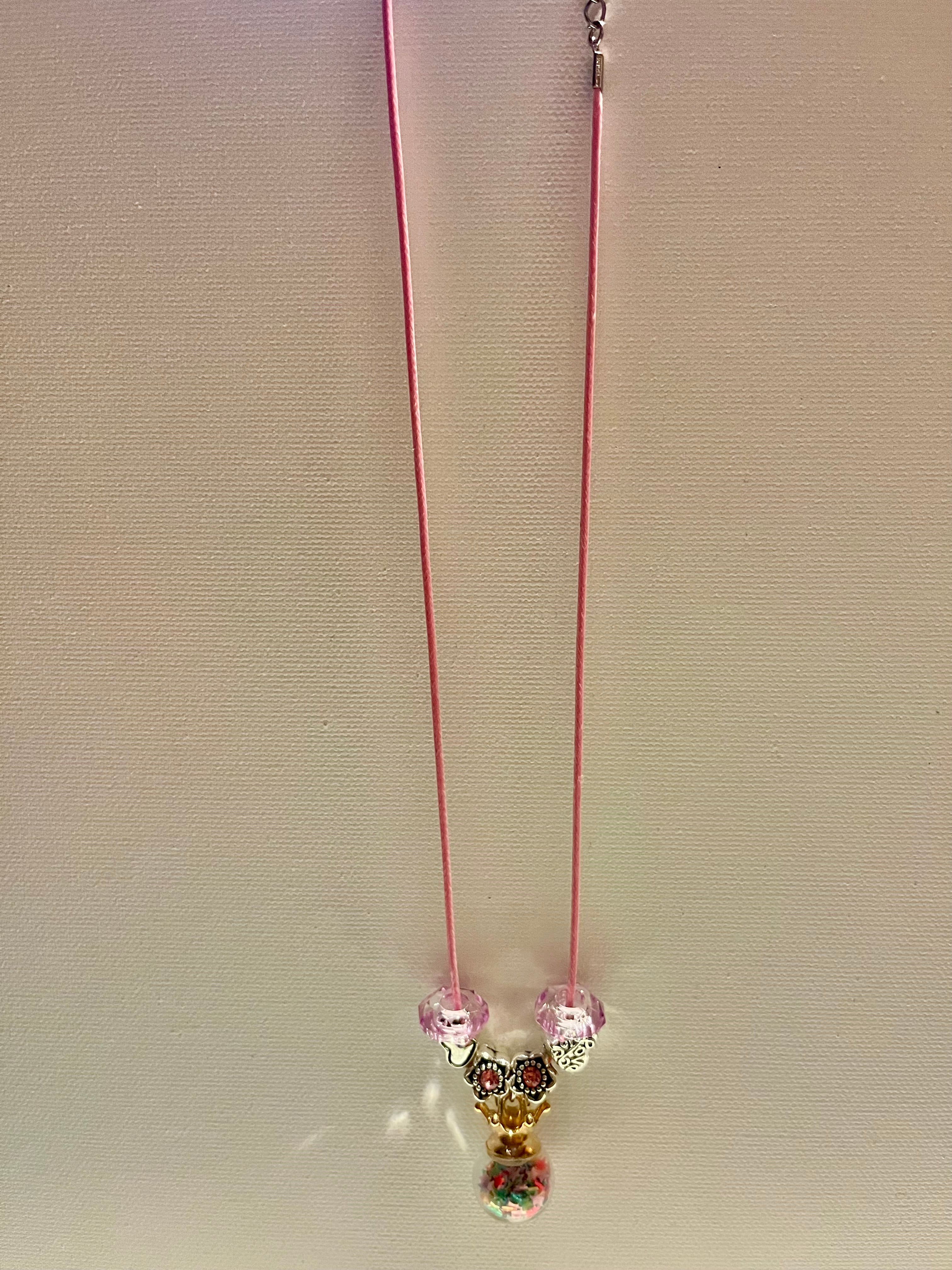 Pink Cord Beaded Drop Necklace w/Crown, Heart & Flower Charms w/Pink Glass Beads