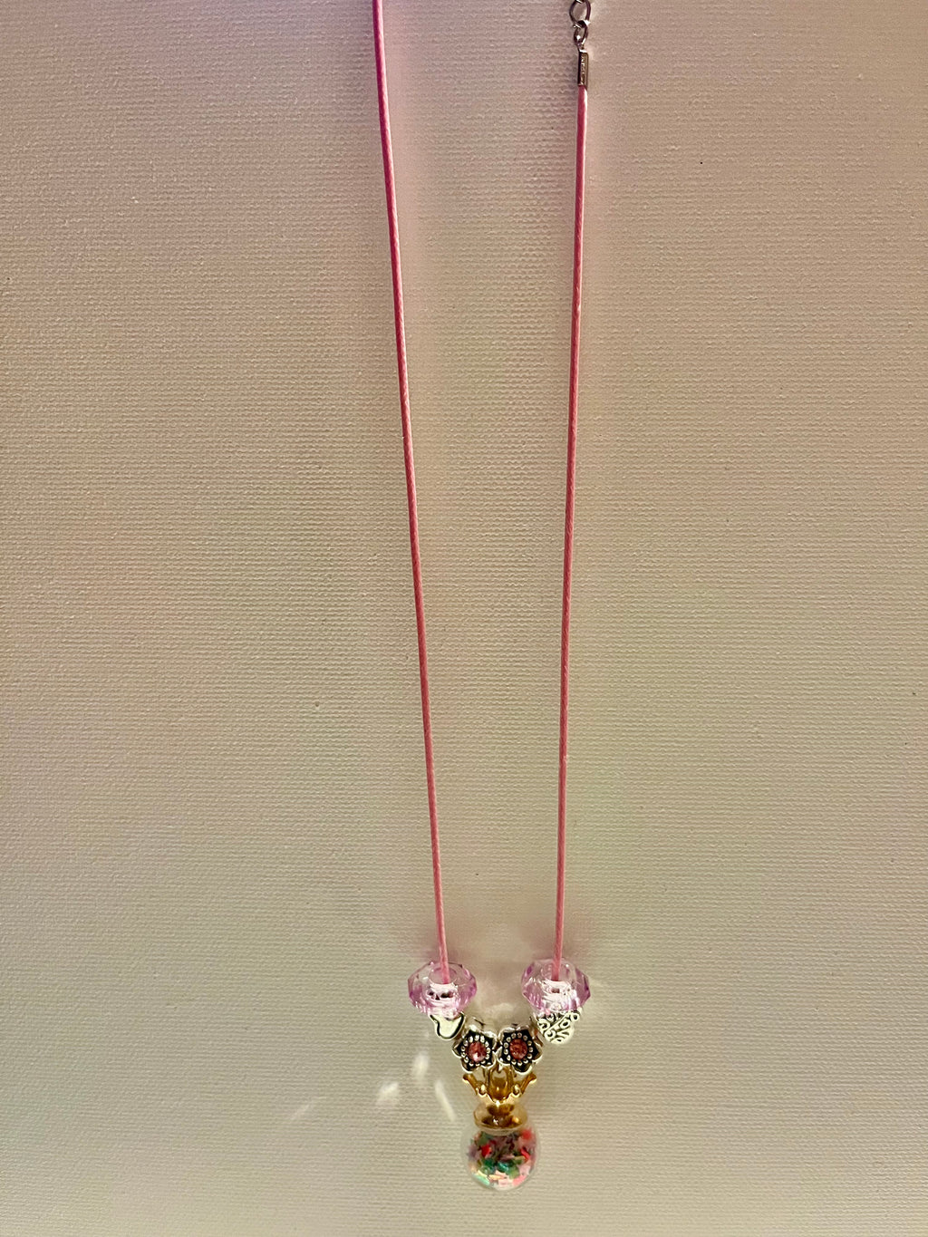 Pink Crown Pendant Beaded Necklace w/Hearts, Flowers Charms w/Rhinestone Accents