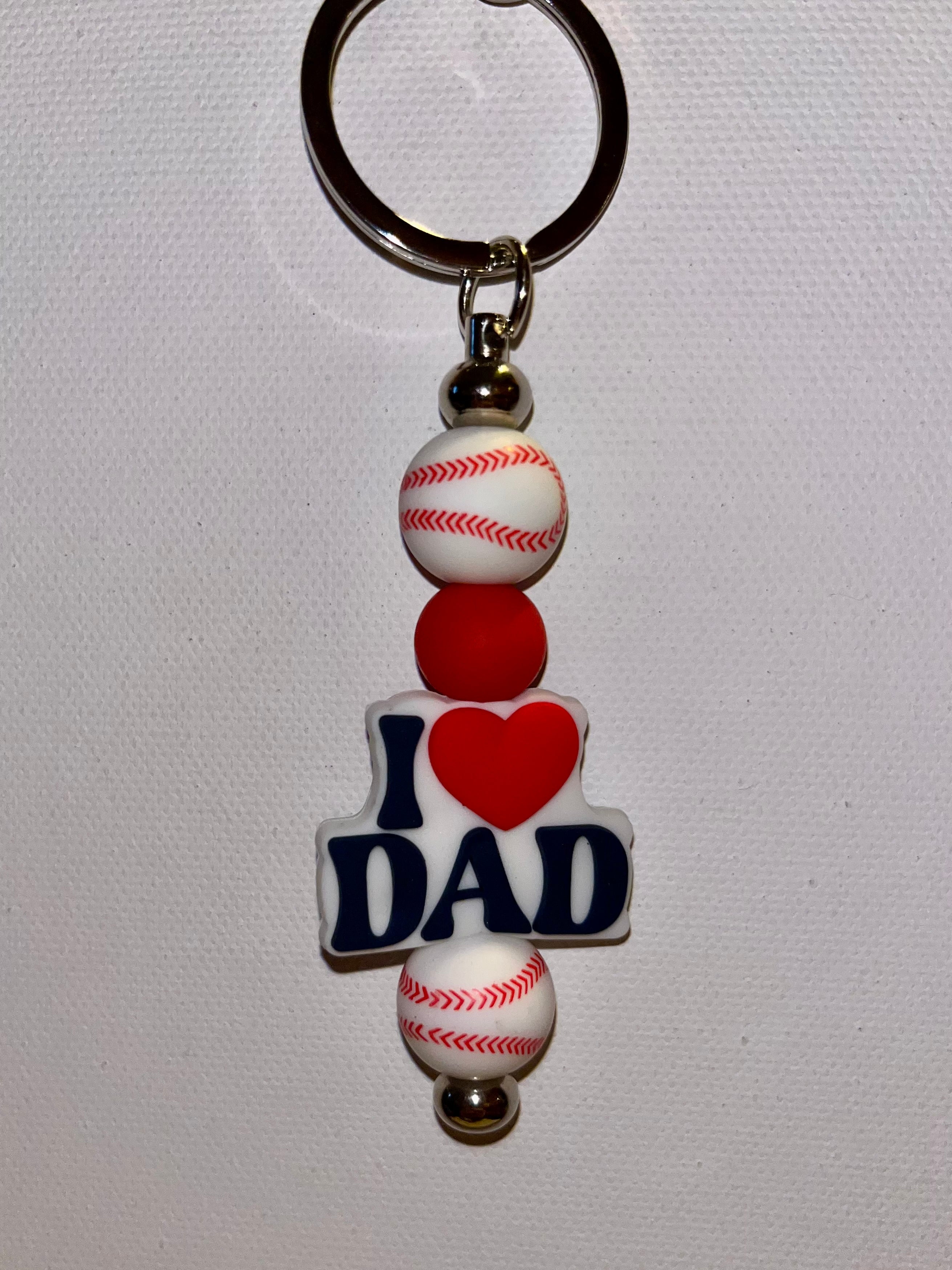 ‘I HEART Dad’ Keychain w/Red & White Baseball Beads & Red Accent Bead