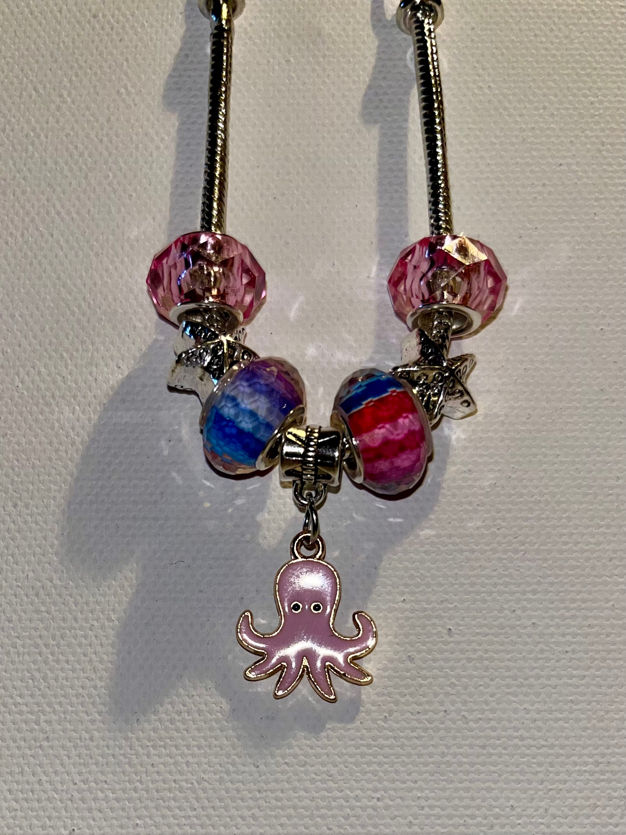 Silver Snake Chain Pink Octopus & Starfish Charm Bracelet w/Multi-Color Accents