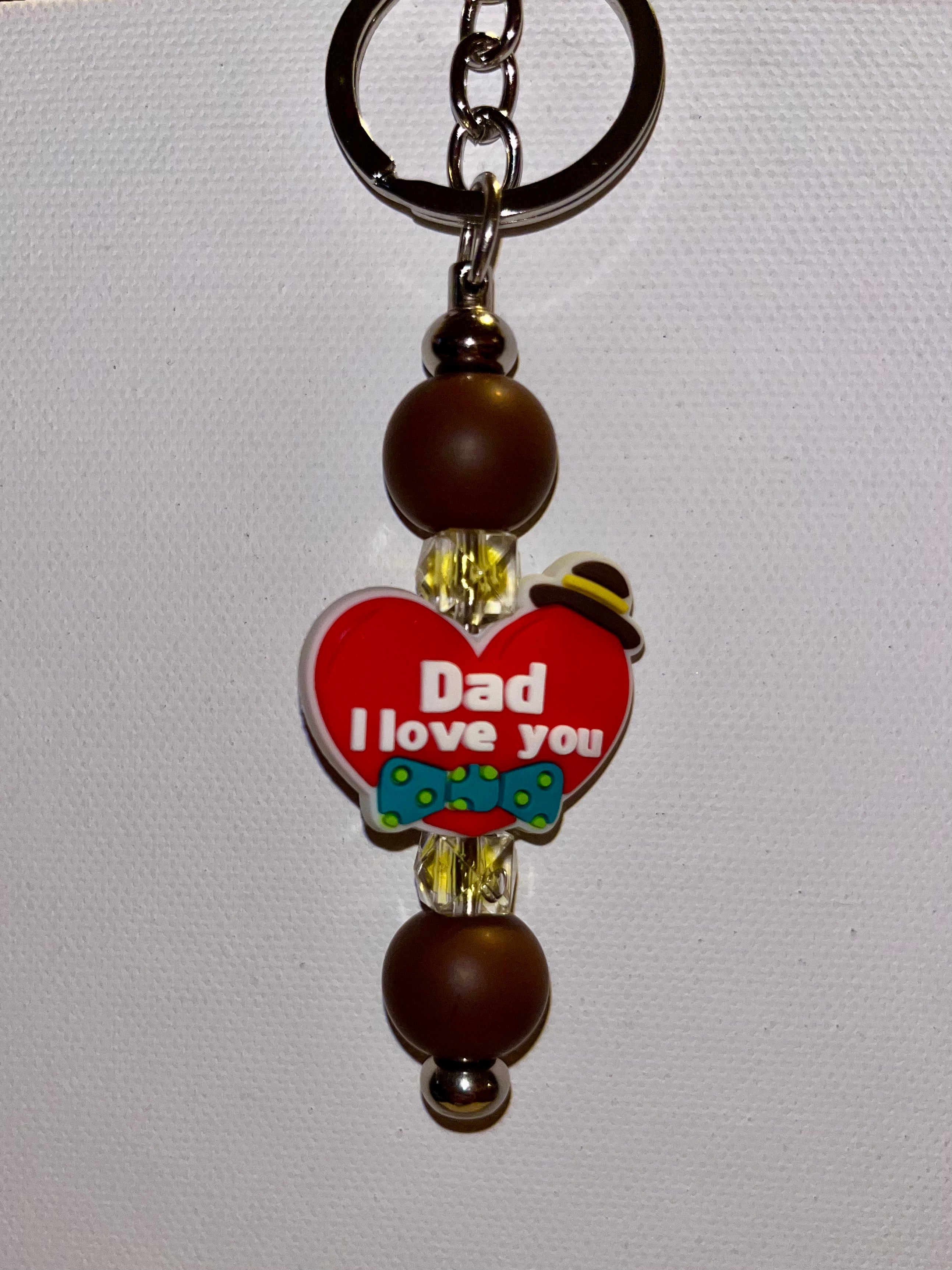 ‘Dad I Love You’ Red Heart w/Bowler Hat & Green Polka Dot Tie Charm Keychain