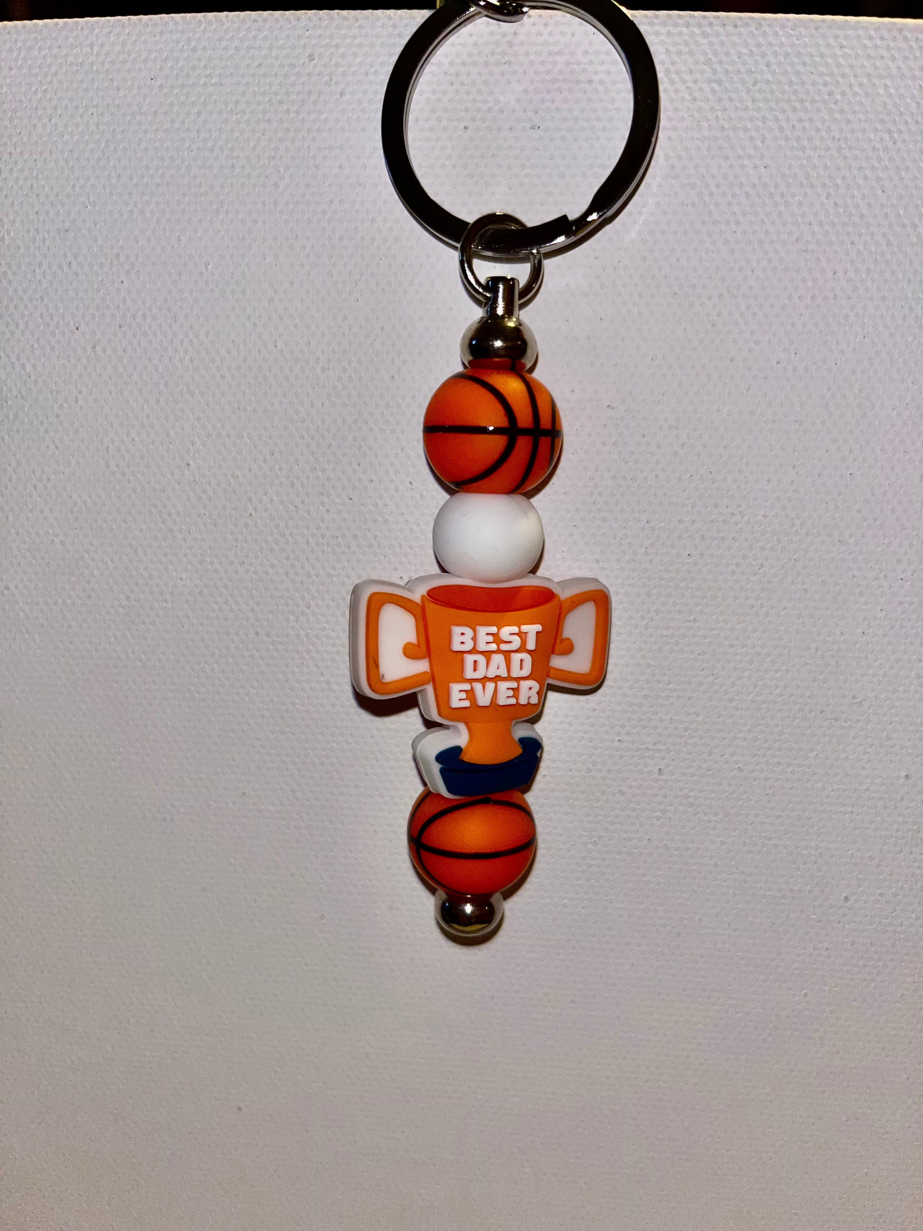 ‘Best Dad Ever’ Gold Cup & Basketballs Keychain w/White Accents