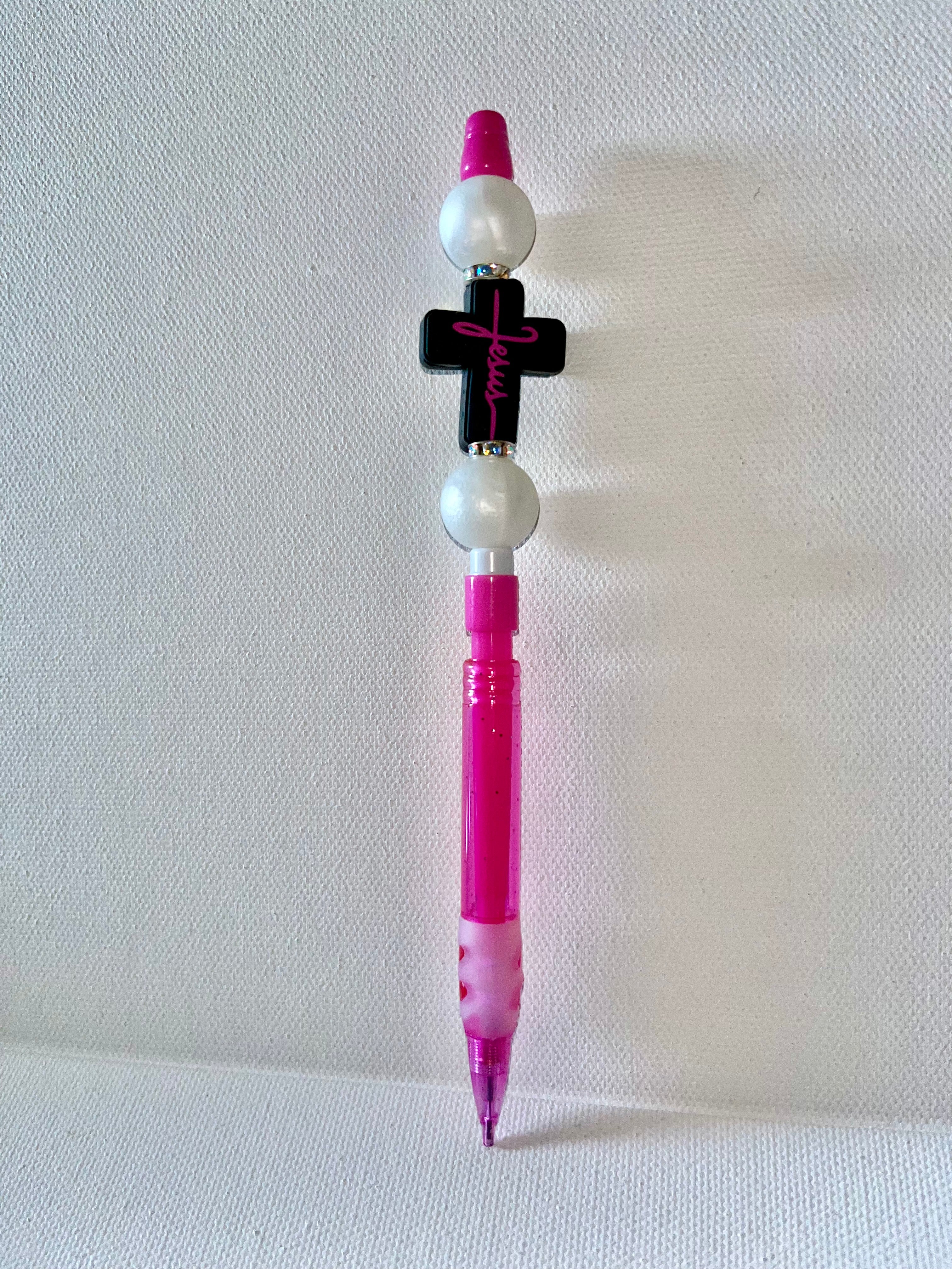 Pink Beaded Cross “Jesus” Mechanical Pencil with Pearl & Rhinestone Accents