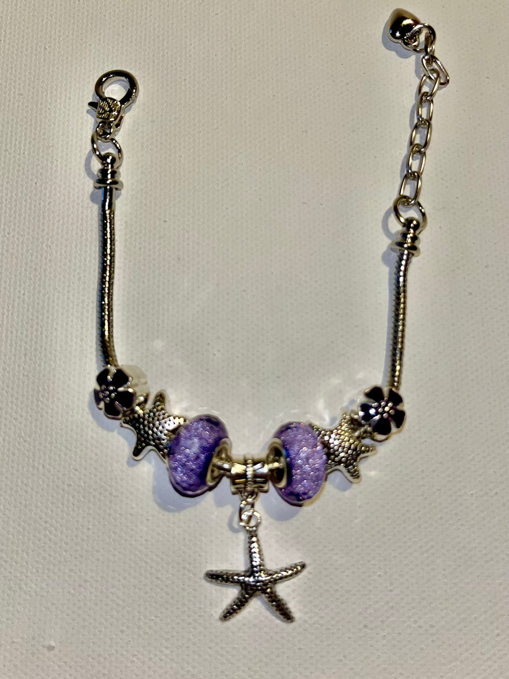 Silver Snake Chain Purple Druzy Bead, Flower & Starfish Charm Bracelet