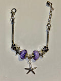 Silver Snake Chain Purple Druzy Bead, Flower & Starfish Charm Bracelet