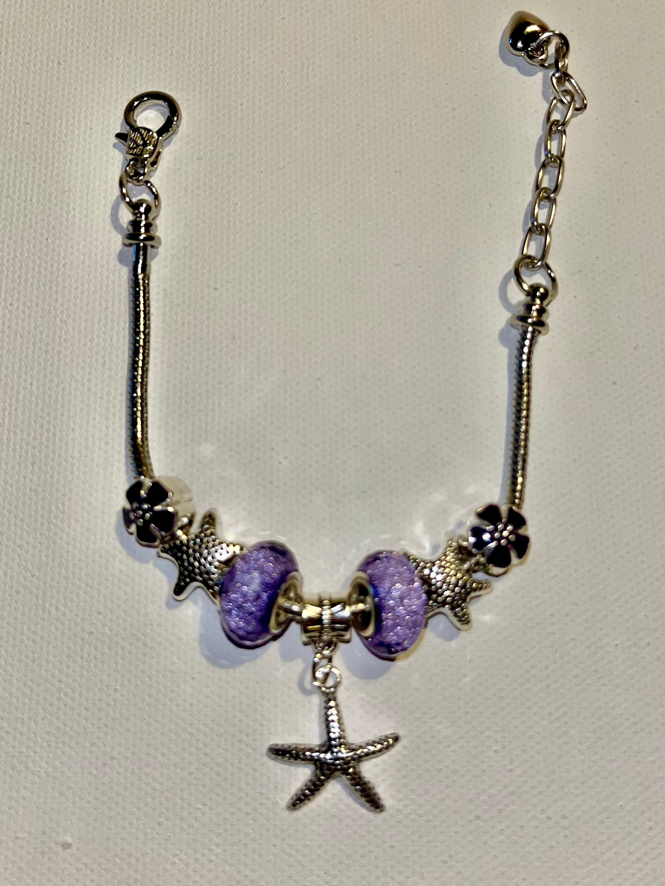 Silver Snake Chain Purple Druzy Bead, Flower & Starfish Charm Bracelet