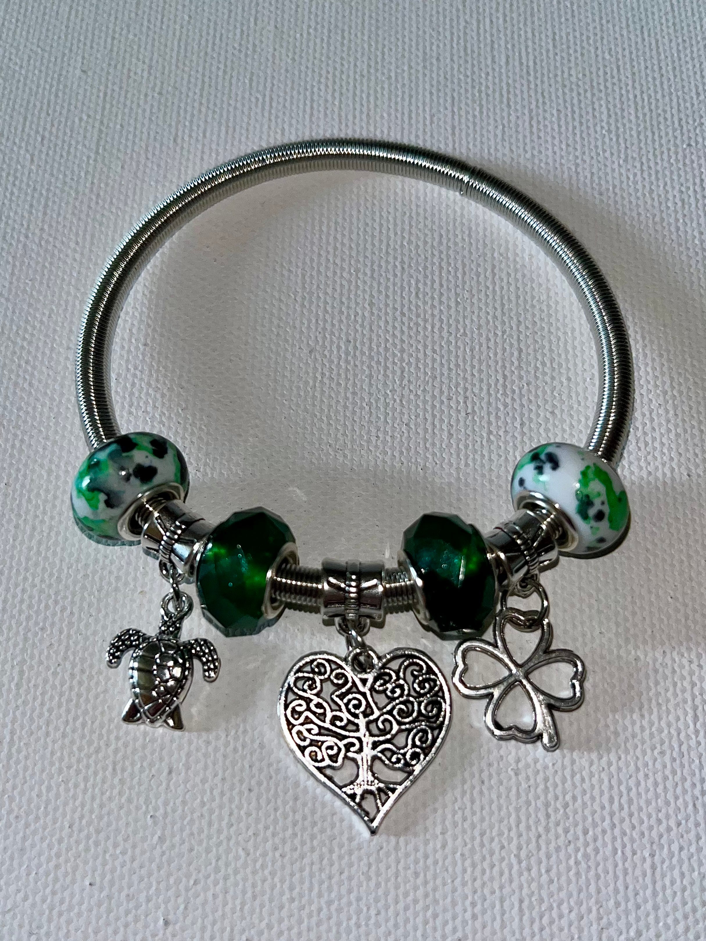 Silver Snake Chain Bracelet w/Green Glass Beads, Turtle, Clover & Tree of Life Heart Charm