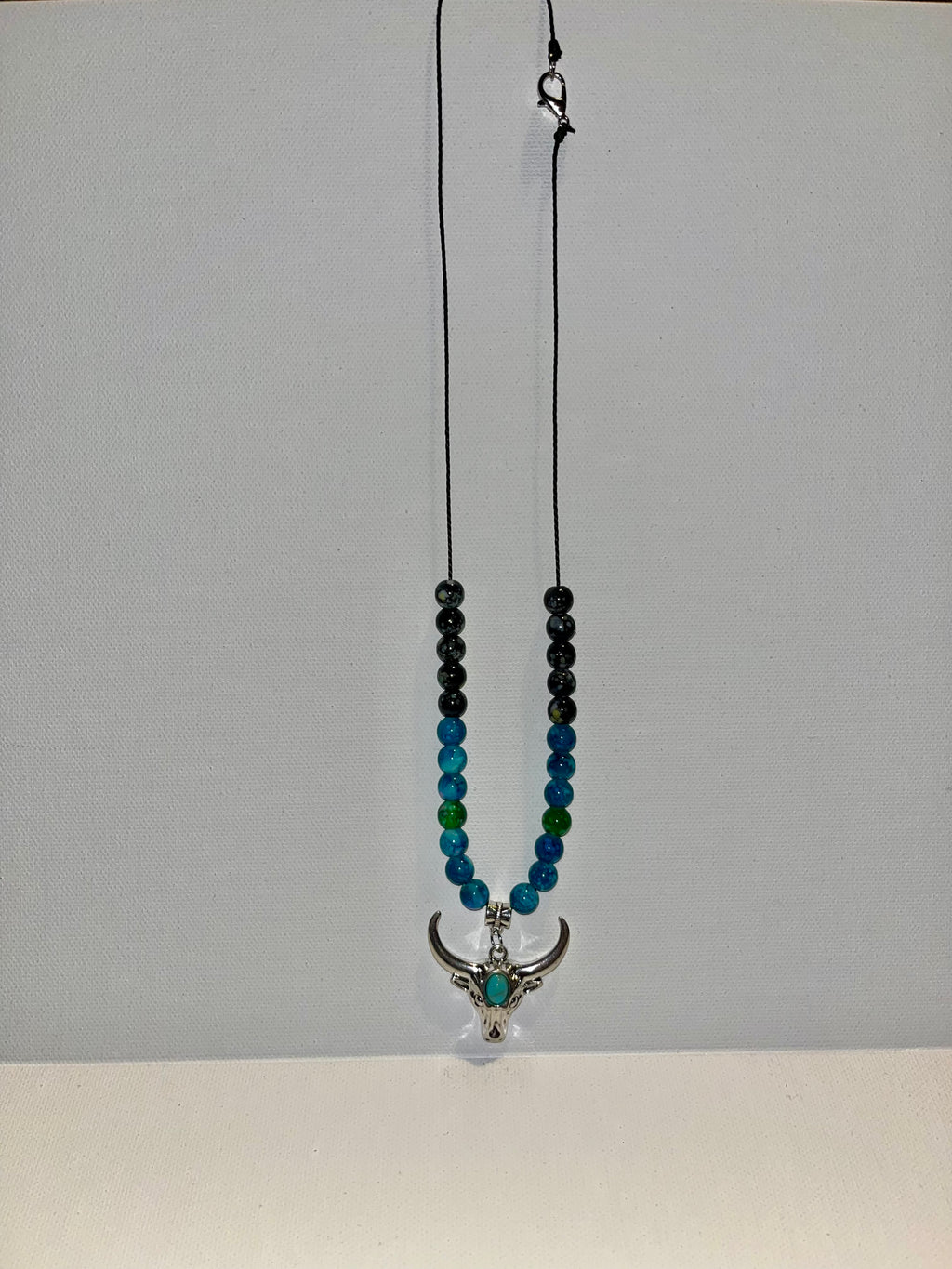 Bull Skull Pendant Beaded Necklace - Teal, Green, Blue & Black on Black Cord