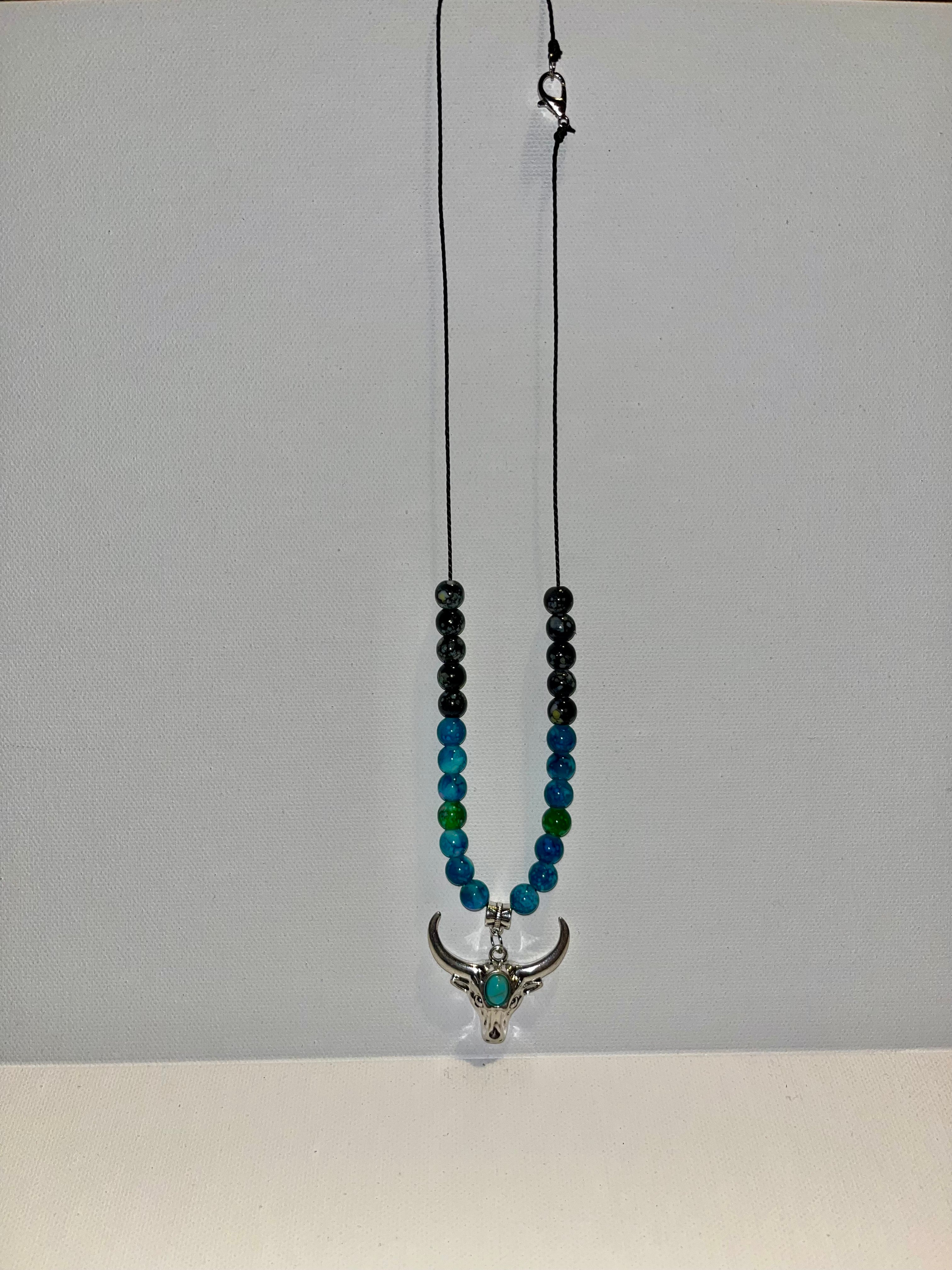 Bull Skull Pendant Beaded Necklace - Teal, Green, Blue & Black on Black Cord