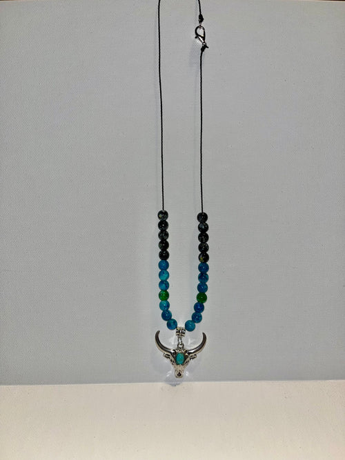 Bull Skull Pendant Beaded Necklace - Teal, Green, Blue & Black on Black Cord