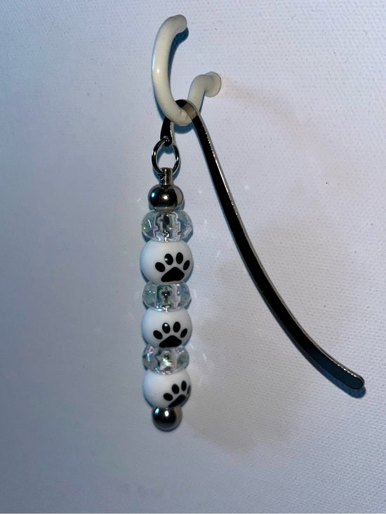 Beaded Bookmark w/Paw Print Charms Beaded Bookmark - White, Black and Crystal