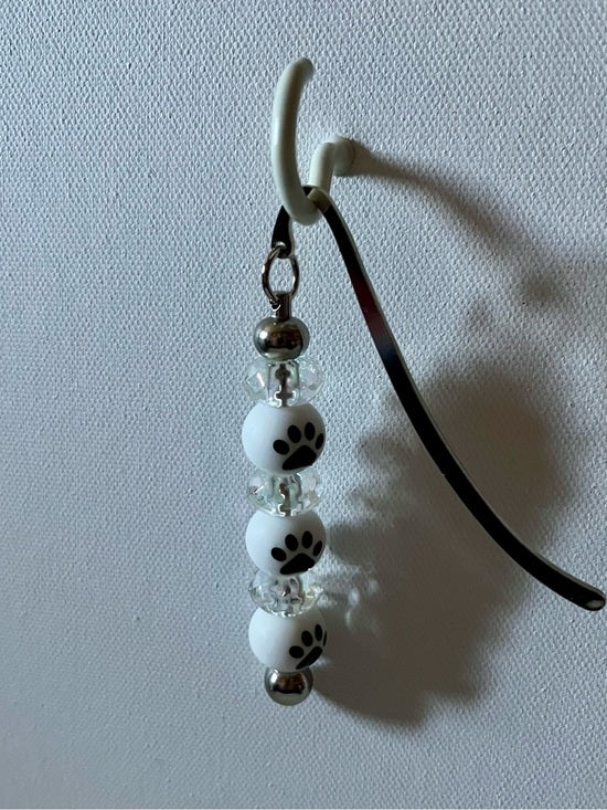 Beaded Bookmark w/Paw Print Charms Beaded Bookmark - White, Black and Crystal