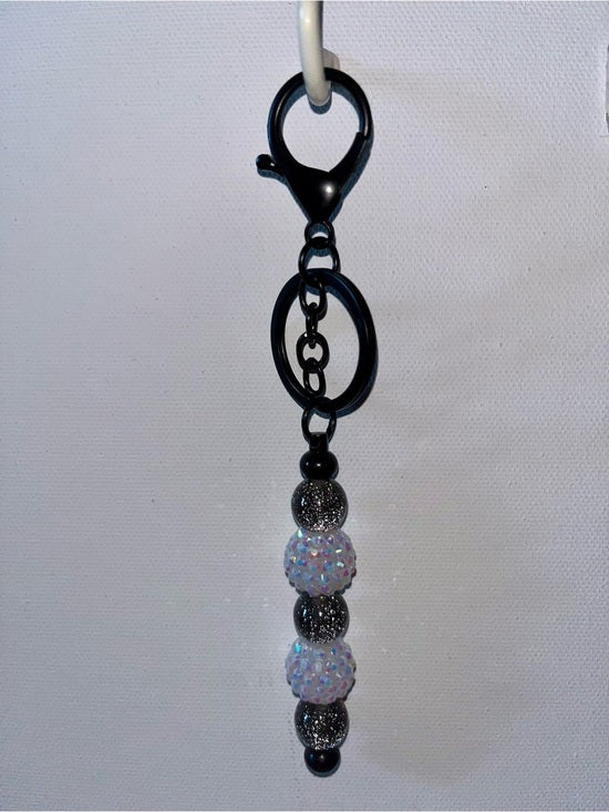 Black Beaded Keychain w/Iridescent White Pavé & Glittery Black Galaxy Accent Beads