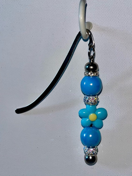 Sky Blue Floral Beaded Bookmark w/Rhinestone Accents