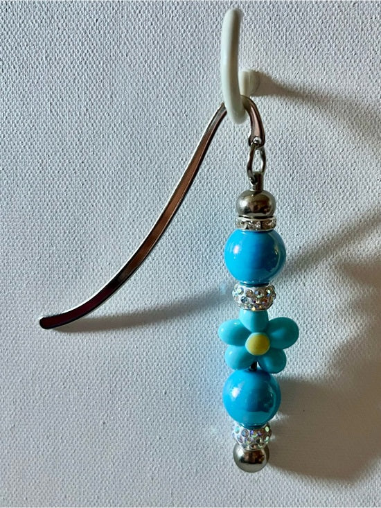 Sky Blue Floral Beaded Bookmark w/Rhinestone Accents
