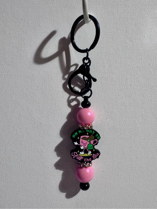 Iridescent Pink Beaded 'Spill the Tea' Keychain Charm