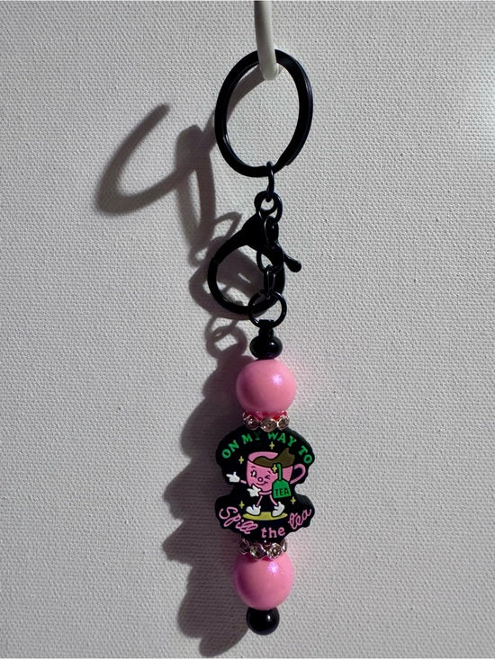 Iridescent Pink Beaded 'Spill the Tea' Keychain Charm