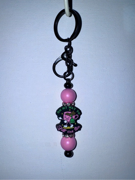 Iridescent Pink Beaded 'Spill the Tea' Keychain Charm