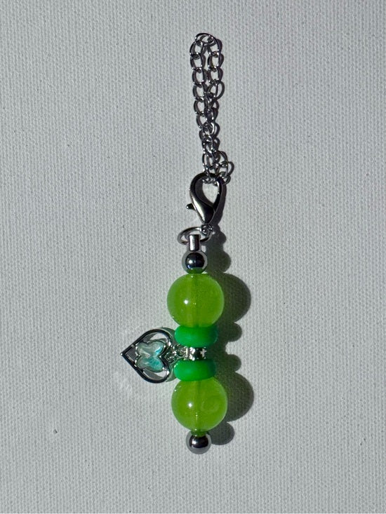 Lime Green Bead Cup Charm with Iridescent Aqua Heart Accent