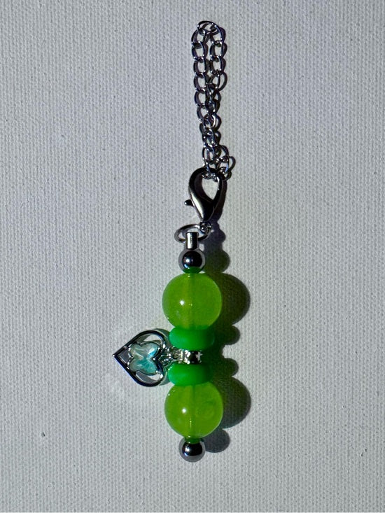Lime Green Bead Cup Charm with Iridescent Aqua Heart Accent