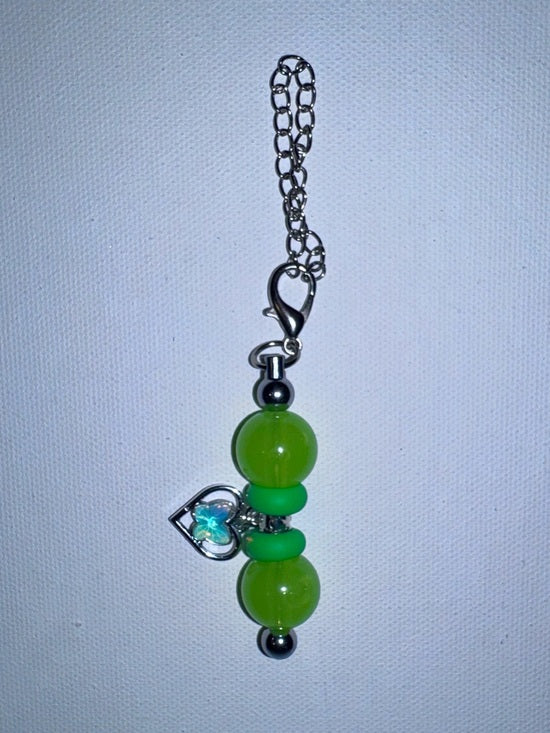 Lime Green Bead Cup Charm with Iridescent Aqua Heart Accent