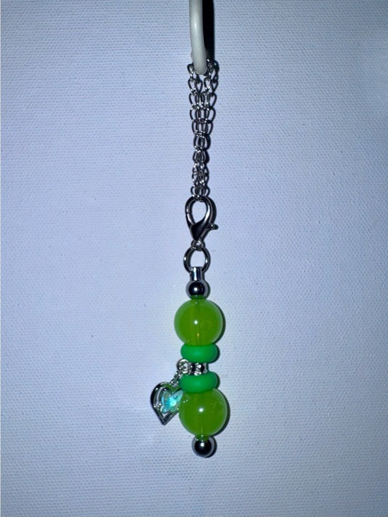 Lime Green Bead Cup Charm with Iridescent Aqua Heart Accent