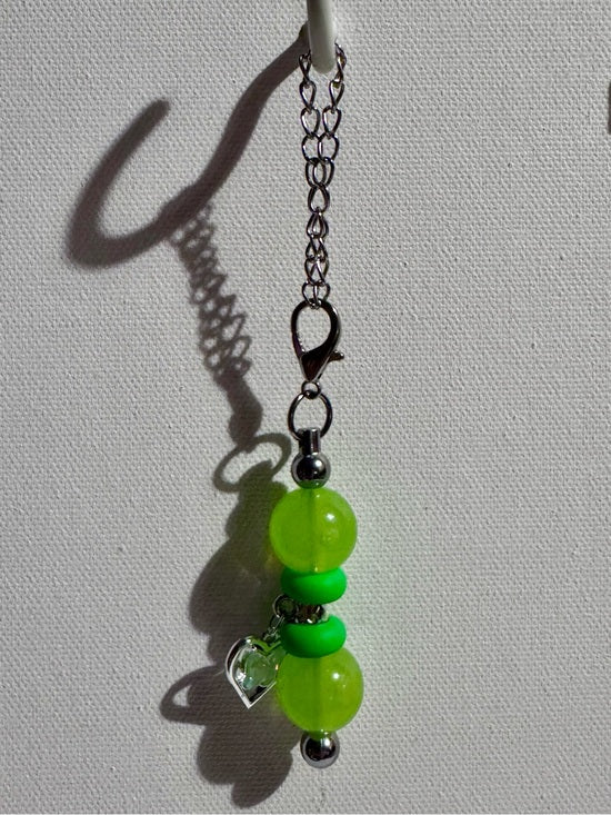 Lime Green Bead Cup Charm with Iridescent Aqua Heart Accent