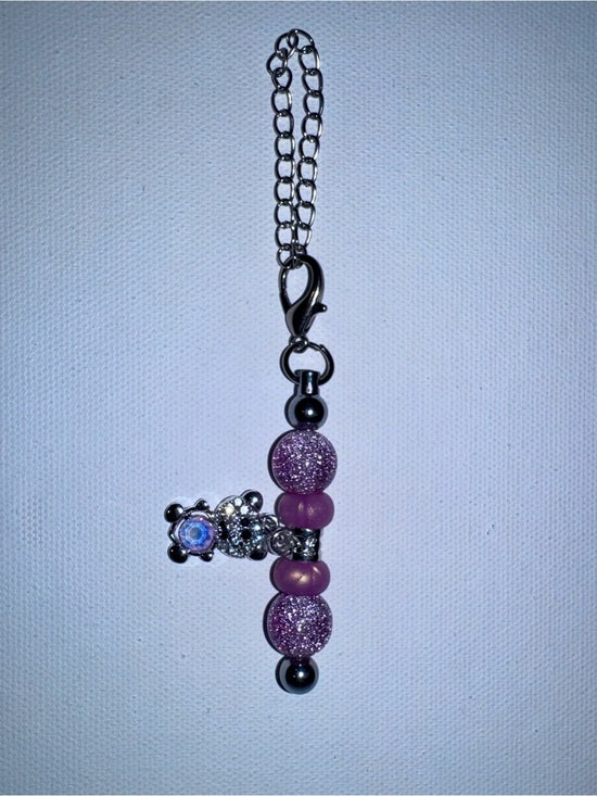 Purple Galaxy Beaded Cup Charm Feat. Teddy Bear w/Iridescent Stone