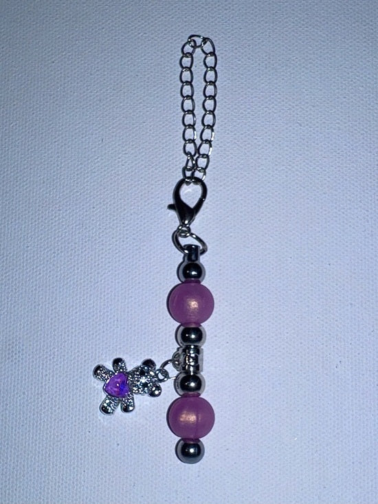 Silver-tone Iridescent Pink Bead Cup Charm with Iridescent Pink Rhinestone Accented Teddy Bear