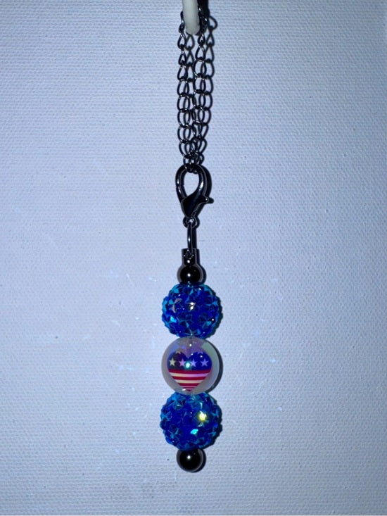 Patriotic Iridescent Blue Pavé Bead & American Flag Heart Cup Charm