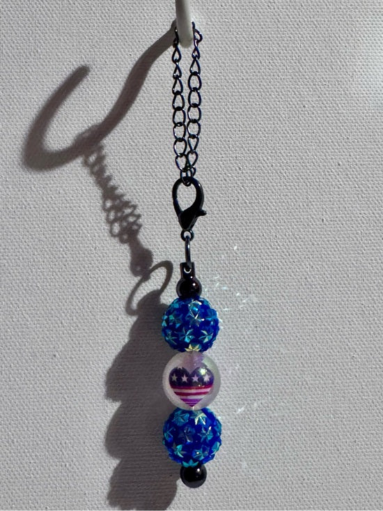Patriotic Iridescent Blue Pavé Bead & American Flag Heart Cup Charm