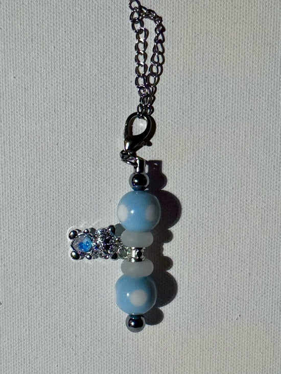 Baby Blue Polka Dot Beaded Teddy Bear Cup Charm w/Blue Crystal Heart