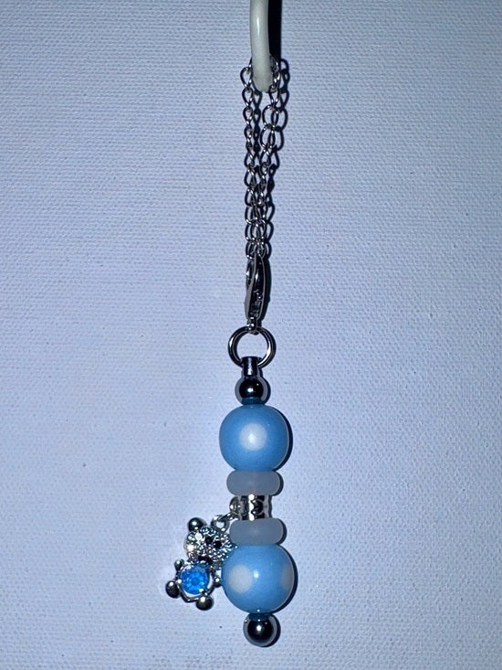 Baby Blue Polka Dot Beaded Teddy Bear Cup Charm w/Blue Crystal Heart